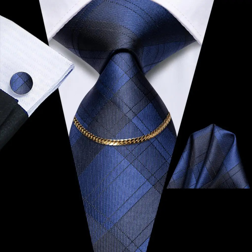 Hi-Tie Business Black Luxury Plaid Mens Tie Silk Neckties Fashion Tie Chain Hanky Cufflinks Set Design Gift For Men Wedding