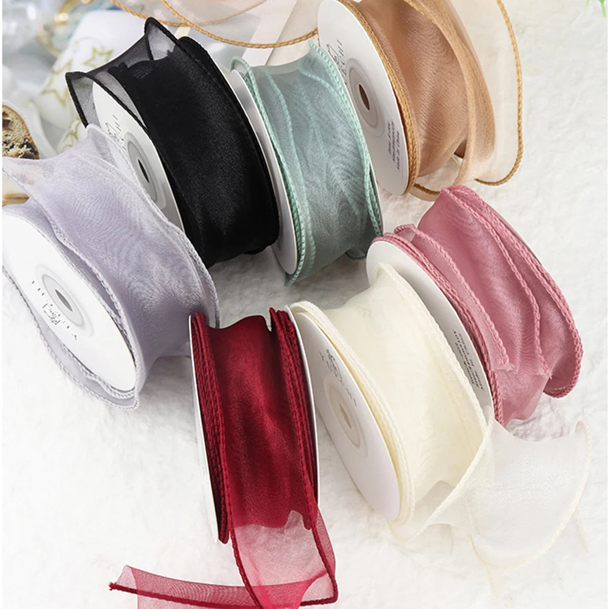 Ruban en organza transparent avec bordure dorée, 10 m, pour emballage cadeau, bouquet de mariée, décoration de Noël