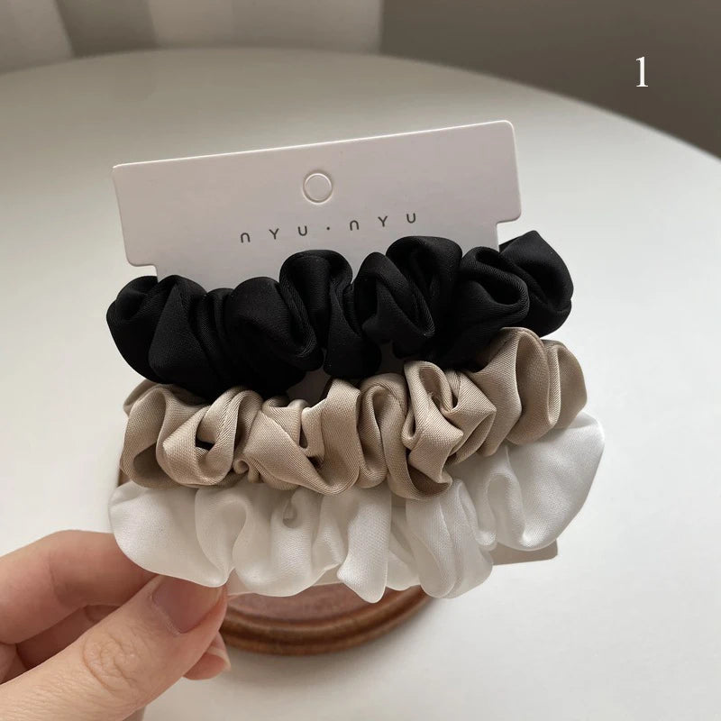 Lot de 3 élastiques à cheveux en soie faits à la main, en satin soyeux, pour queue de cheval, couleur café noir et blanc