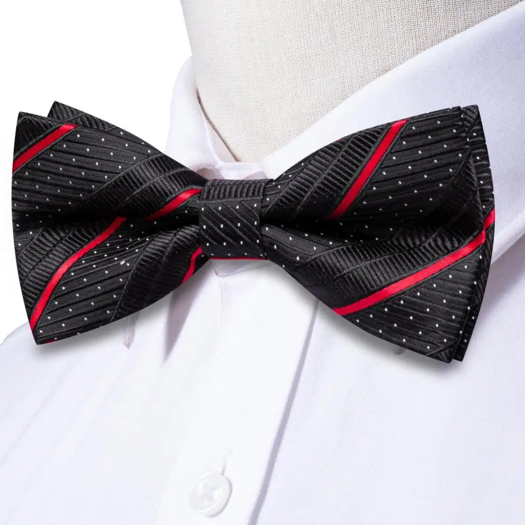 Hi-Tie Nœud papillon rayé noir et rouge pour homme, mouchoir, boutons de manchette, en soie pré-nouée, pour soirée d'affaires masculine, vente en gros