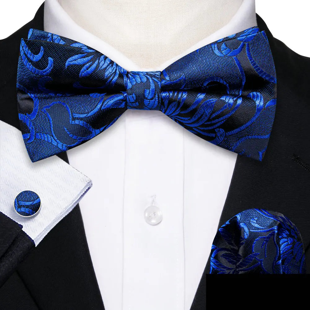 Barry.Wang Nœud papillon en soie bleu marine royal bleu ciel pour homme, ensemble de boutons de manchette, mouchoir, motif cachemire jacquard, motif floral, pour mariage et affaires