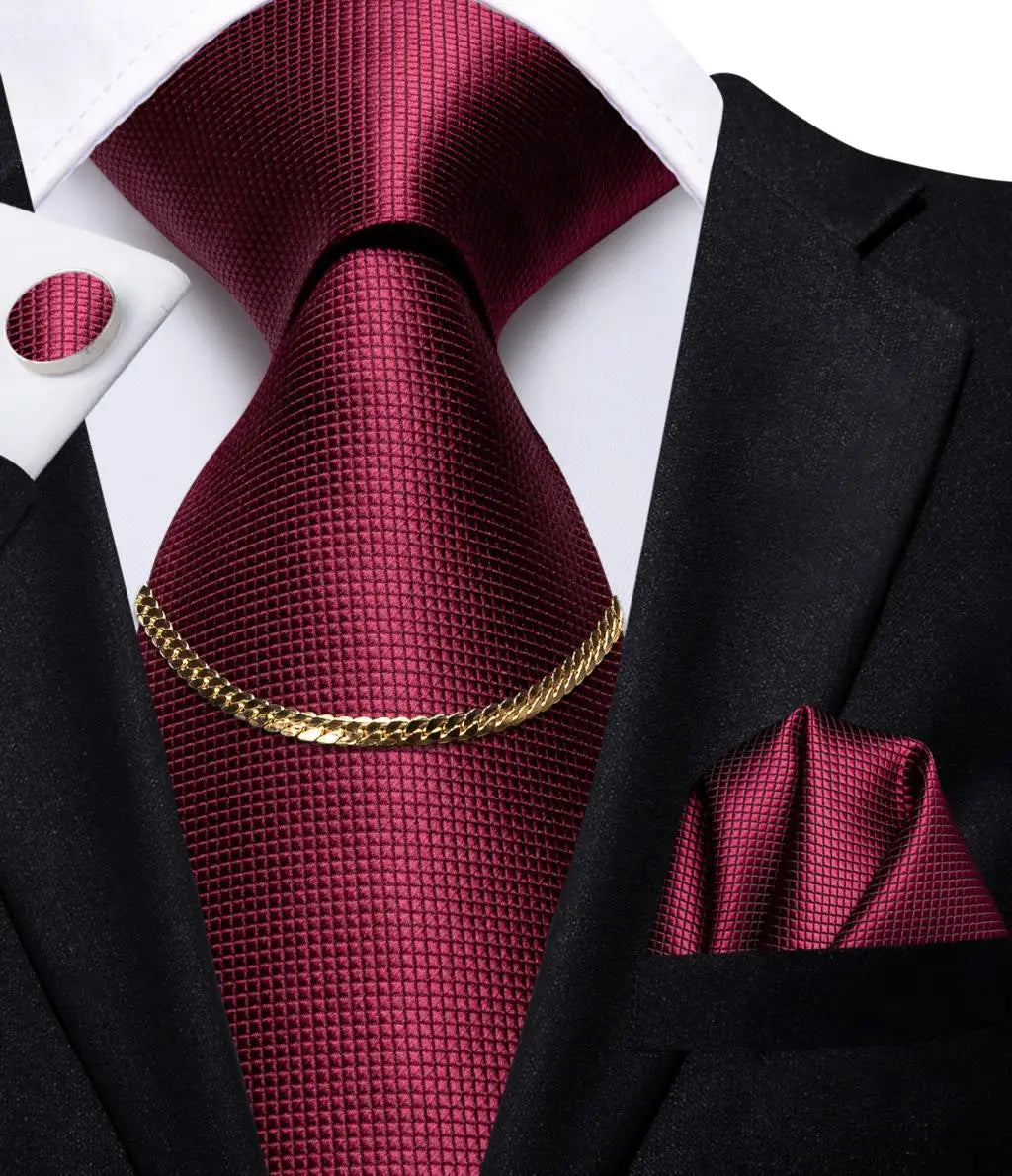Hi-Tie Business Black Luxury Plaid Mens Tie Silk Neckties Fashion Tie Chain Hanky Cufflinks Set Design Gift For Men Wedding