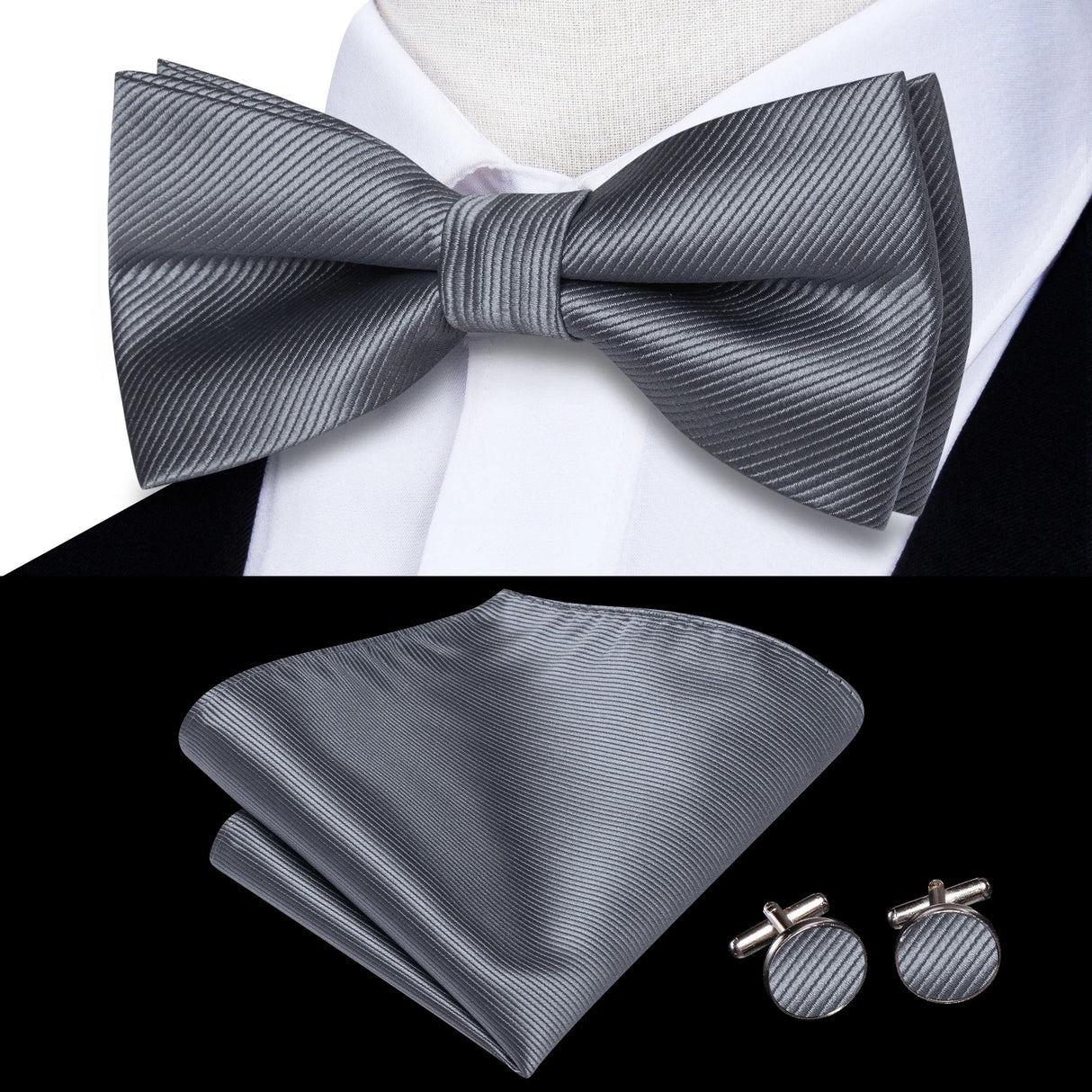 Hi-Tie Jacquard Silk Nœud papillon pour homme, ensemble de boutons de manchette et mouchoir, nœud papillon pré-noué, noir, blanc, gris, bleu, rouge, vert, rose, violet