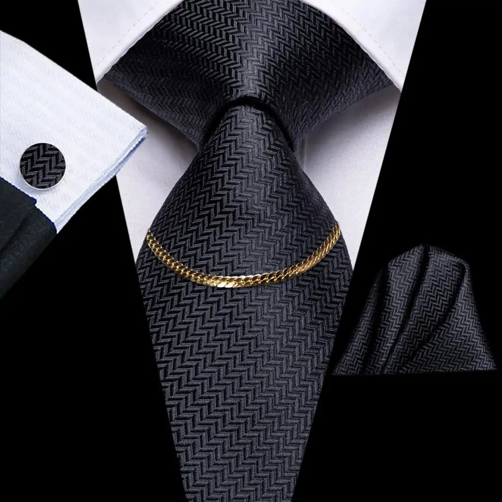 Hi-Tie Business Black Luxury Plaid Mens Tie Silk Neckties Fashion Tie Chain Hanky Cufflinks Set Design Gift For Men Wedding