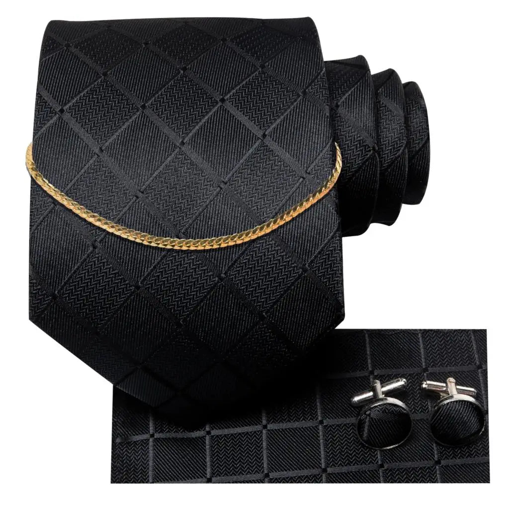 Hi-Tie Business Black Luxury Plaid Mens Tie Silk Neckties Fashion Tie Chain Hanky Cufflinks Set Design Gift For Men Wedding
