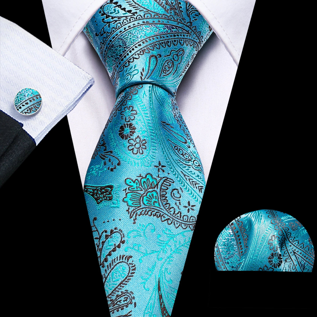 Cravate fantaisie en soie bleu sarcelle pour homme, marque de luxe solide, pochette, boutons de manchette, ensemble de cravates de haute qualité pour fête de mariage Barry.Wang
