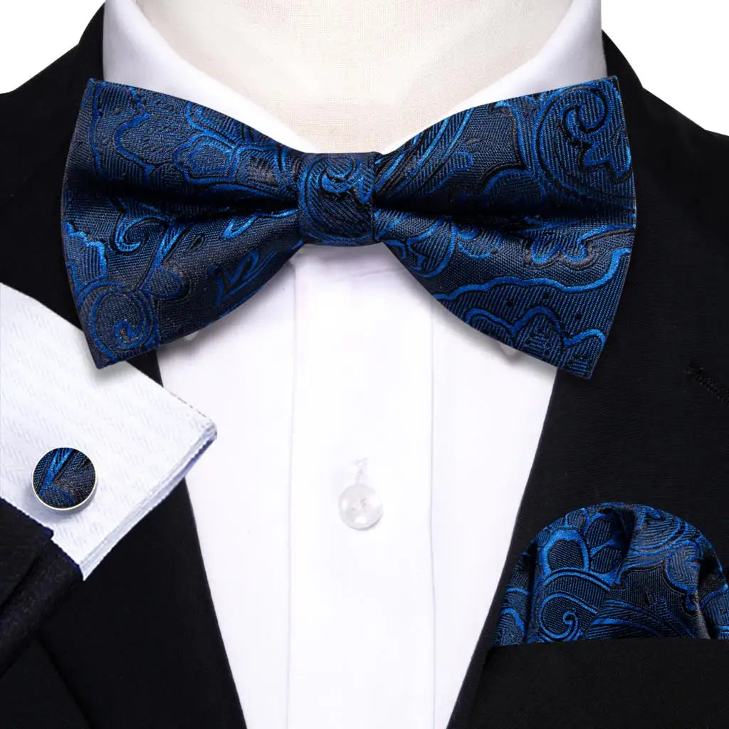 Barry.Wang Nœud papillon en soie bleu marine royal bleu ciel pour homme, ensemble de boutons de manchette, mouchoir, motif cachemire jacquard, motif floral, pour mariage et affaires