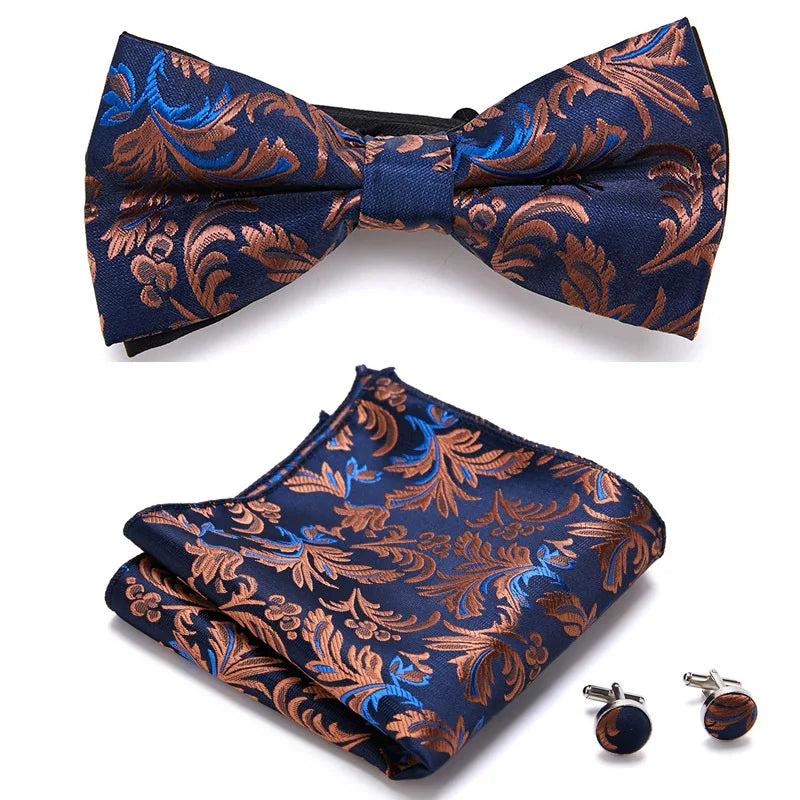 HUISHI Classic Blue Bowties For Men Paisley Floral Bow Tie Pocket Square Cufflinks Suit Set Wedding Party Plaid Solid Butterfly