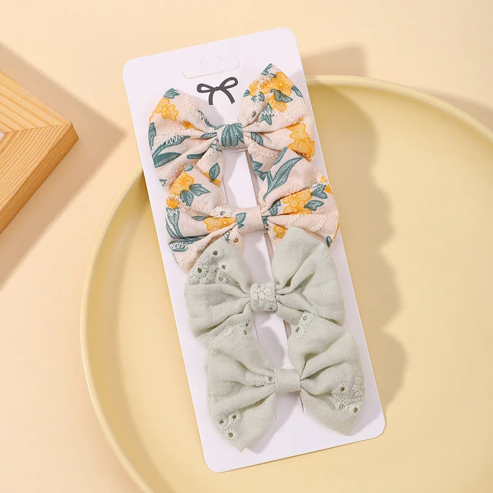 Lot de 4 jolies pinces à cheveux en coton avec nœud papillon, épingles à cheveux sûres, style pastoral, pour fille, accessoires pour cheveux de bébé, imprimés, cadeau