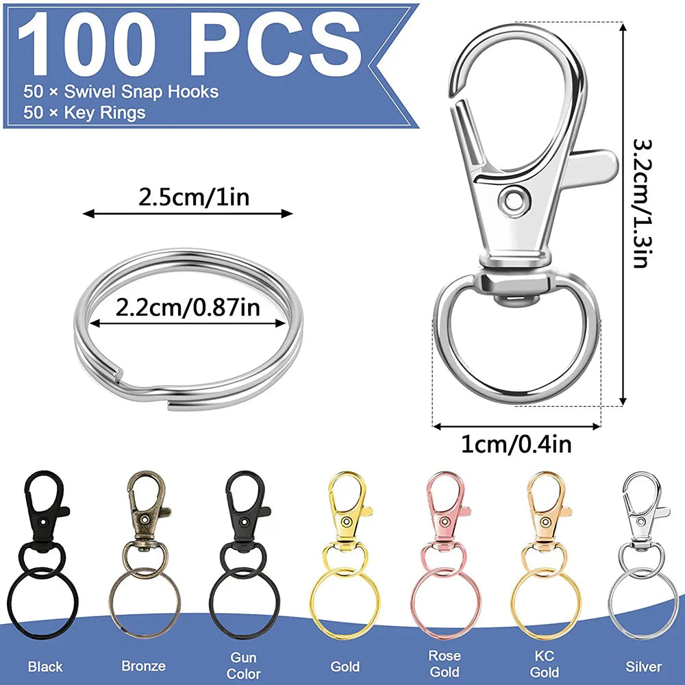 Lot de 100 mousquetons pivotants pour porte-clés, mousquetons à mousqueton pour porte-clés, bijoux, loisirs créatifs