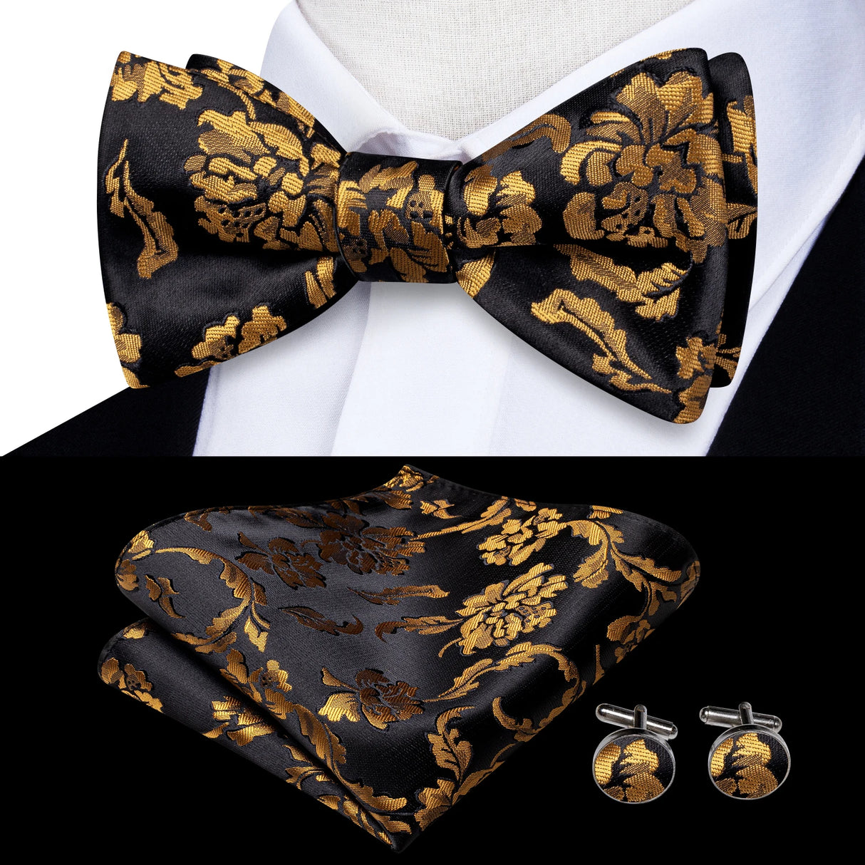 Hi-Tie Ensemble nœud papillon en soie pour homme, mouchoir et boutons de manchette, bleu, rouge, or, noir, blanc, jacquard, nœud papillon, mariage, affaires