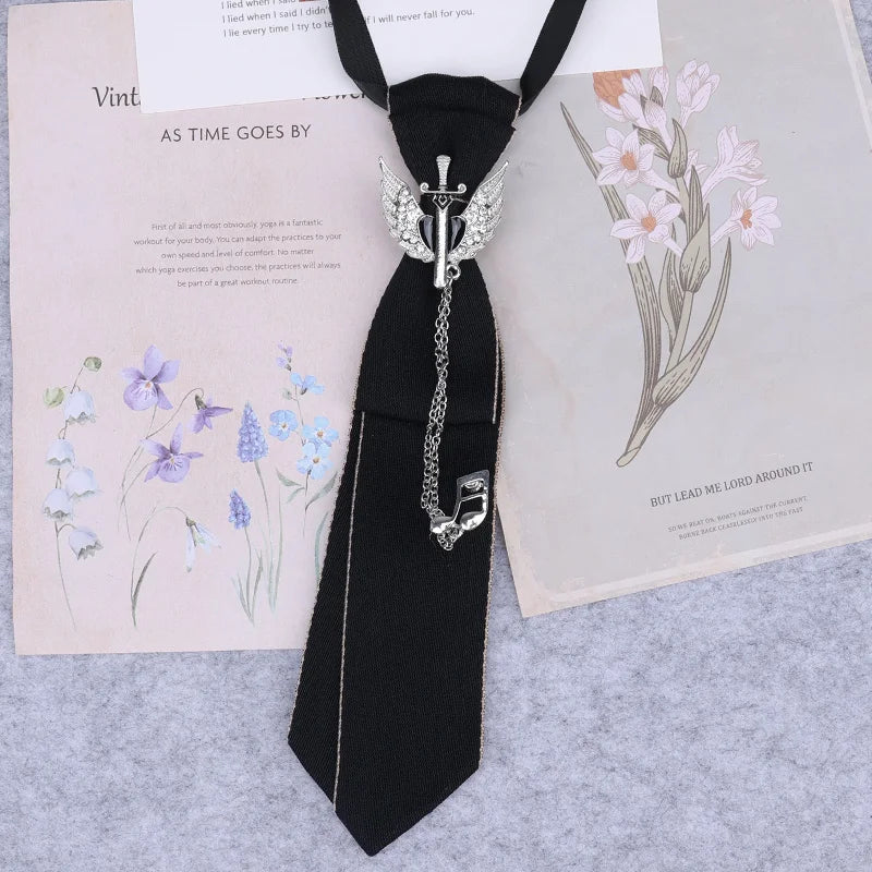 Cravate en ruban noir faite à la main, bijoux en strass cristal, chemises blanches pour hommes, étudiantes, garçons, col, cravates, uniformes, femmes