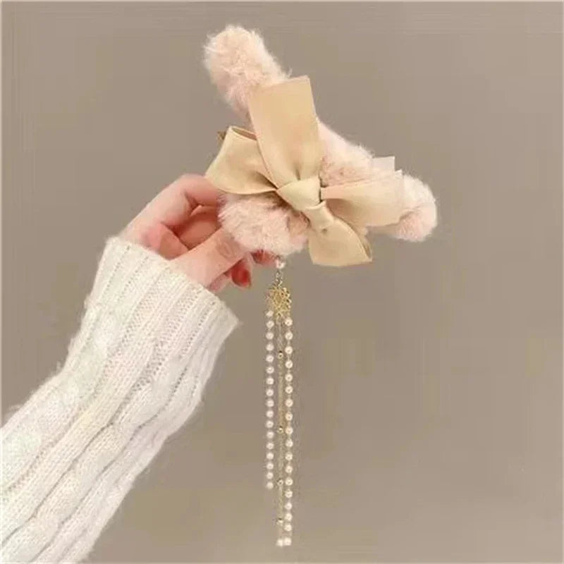 Pinces à cheveux tendance avec nœud et pompon, style coréen, queue de cheval, en peluche, griffe de requin, pour filles, cadeau d'automne et d'hiver