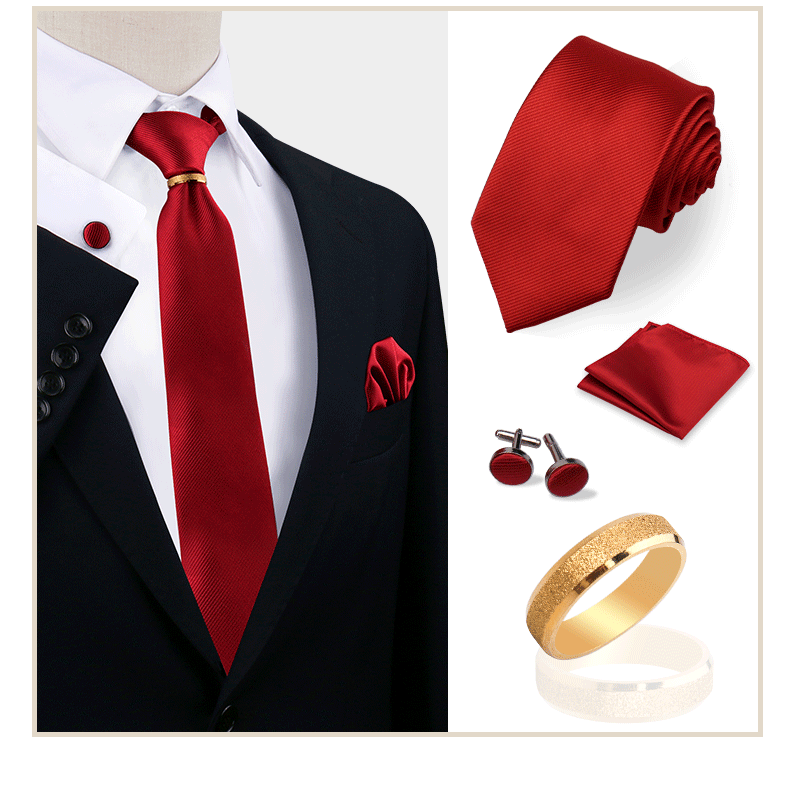 Ensemble de cravates en soie de luxe pour hommes, cravate, mouchoir, boutons de manchette avec anneau en métal doré, broche, costume, fête de mariage, accessoires pour hommes