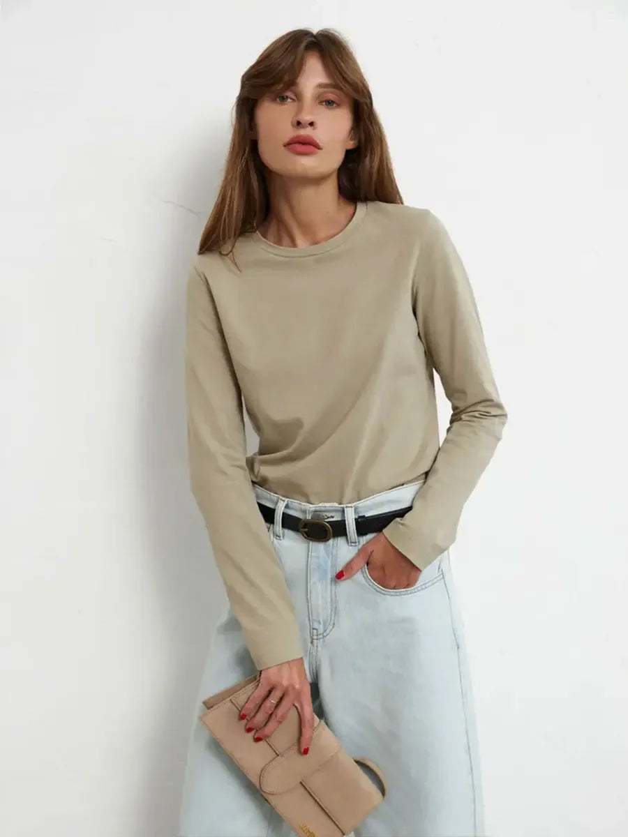 Camiseta Bornladies para mujer, 100 % algodón, básica, lisa, de manga larga, holgada, de gran tamaño, para primavera y otoño