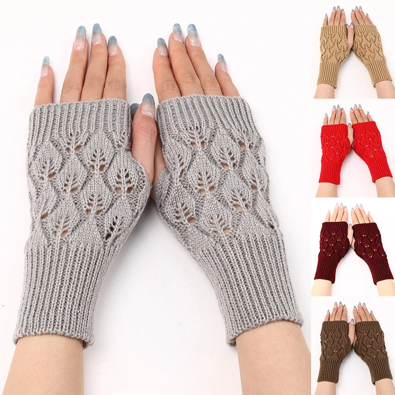 Gants d'hiver chauds tricotés sans doigts pour femmes, en acrylique extensible, mitaines en tricot au crochet pour filles