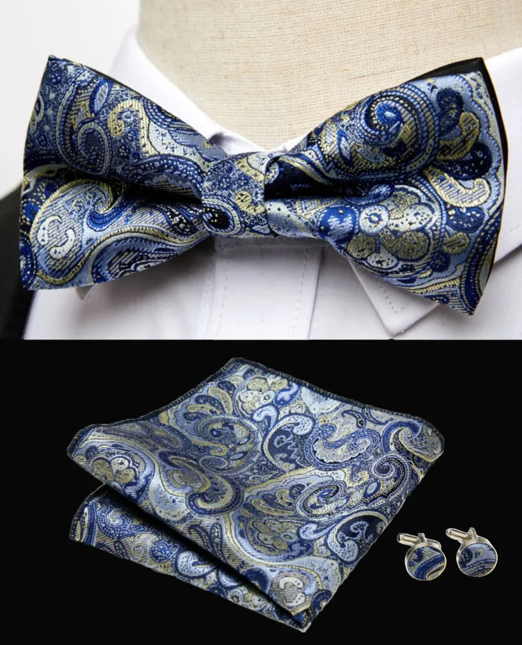 HUISHI Classic Blue Bowties For Men Paisley Floral Bow Tie Pocket Square Cufflinks Suit Set Wedding Party Plaid Solid Butterfly
