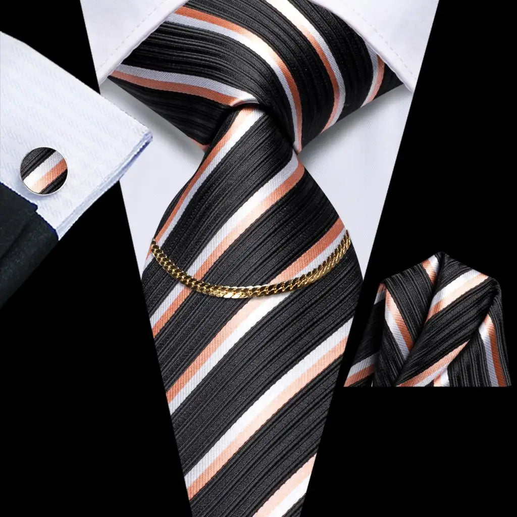Hi-Tie Business Black Luxury Plaid Mens Tie Silk Neckties Fashion Tie Chain Hanky Cufflinks Set Design Gift For Men Wedding