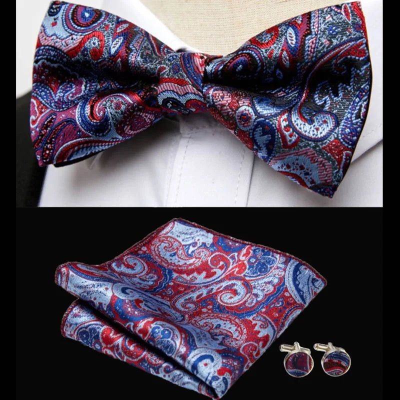 HUISHI Classic Blue Bowties For Men Paisley Floral Bow Tie Pocket Square Cufflinks Suit Set Wedding Party Plaid Solid Butterfly