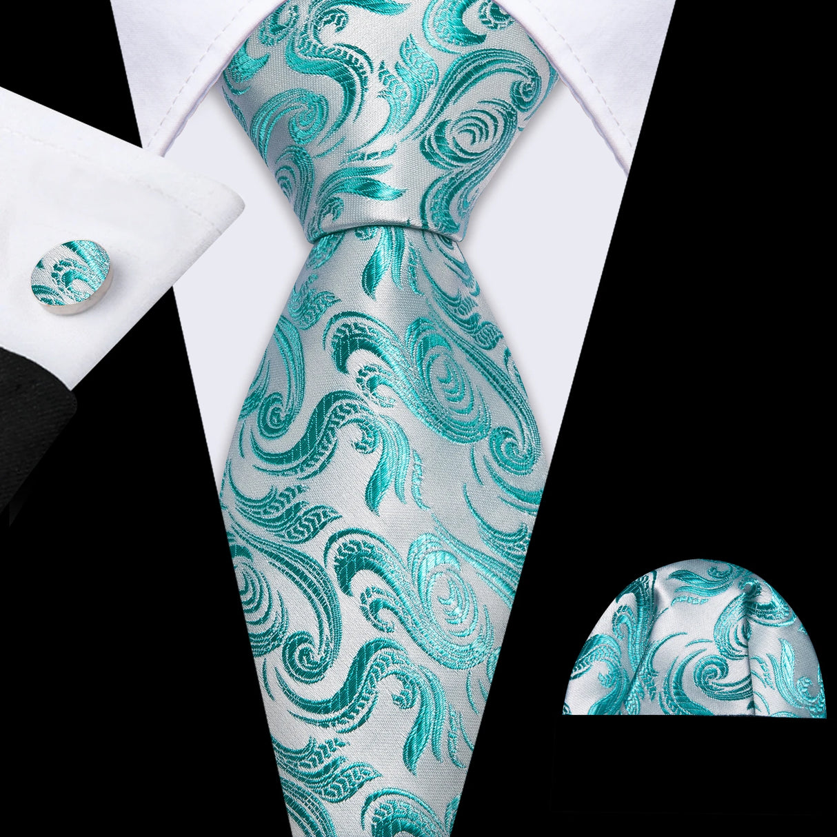 Cravate fantaisie en soie bleu sarcelle pour homme, marque de luxe solide, pochette, boutons de manchette, ensemble de cravates de haute qualité pour fête de mariage Barry.Wang
