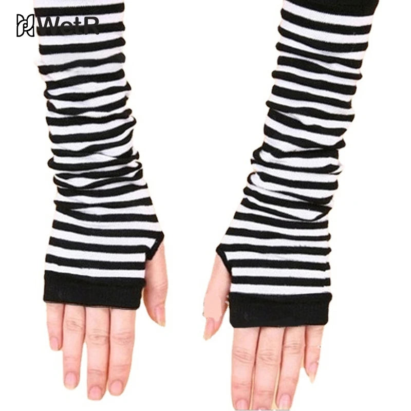 Gants longs classiques à rayures roses, noires et blanches, sans doigts, pour le coude, avec bracelet tricoté
