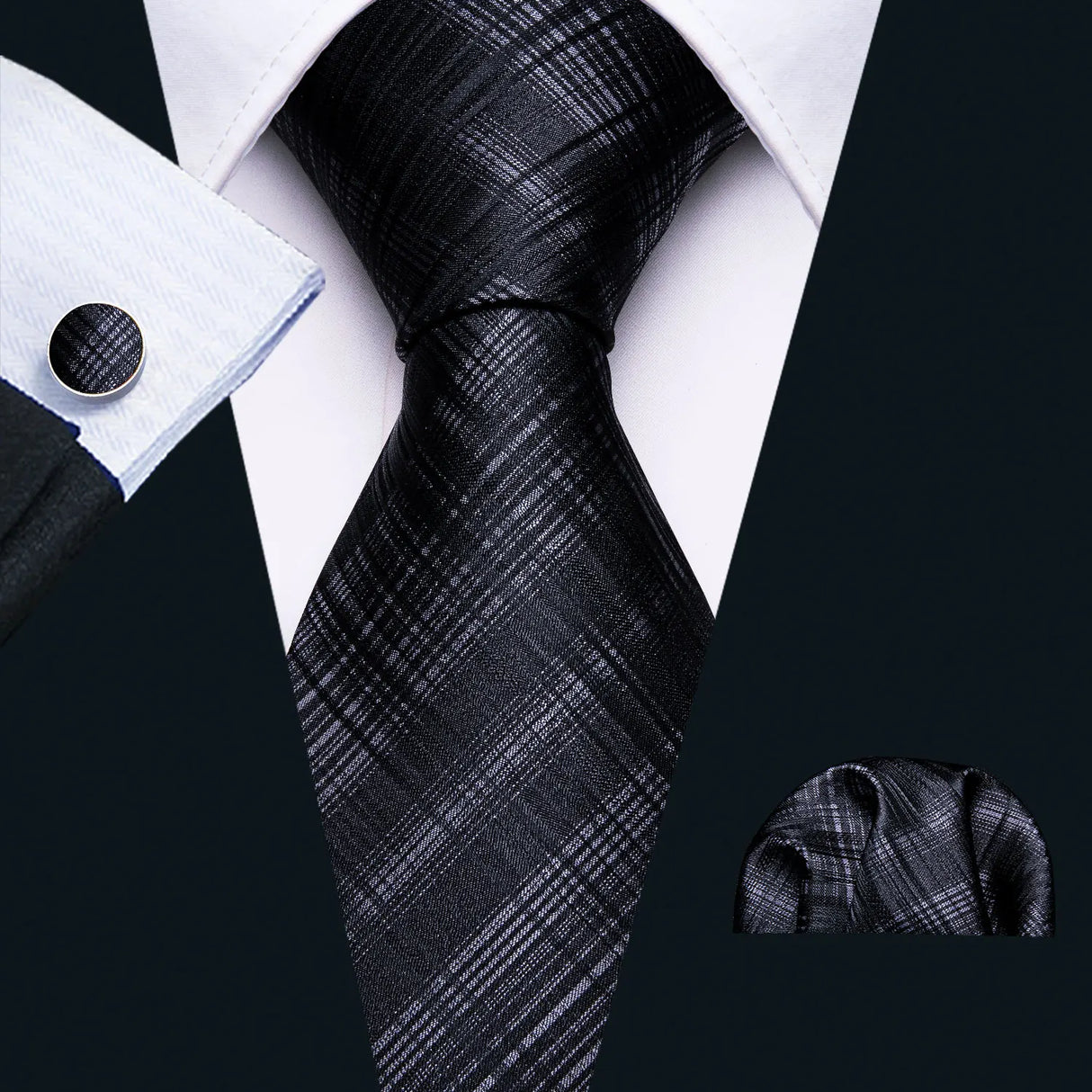Cravates en soie noire pour hommes, classiques, solides, tissées de haute qualité, avec pochette et boutons de manchette, pour soirées formelles, design Barry.Wang