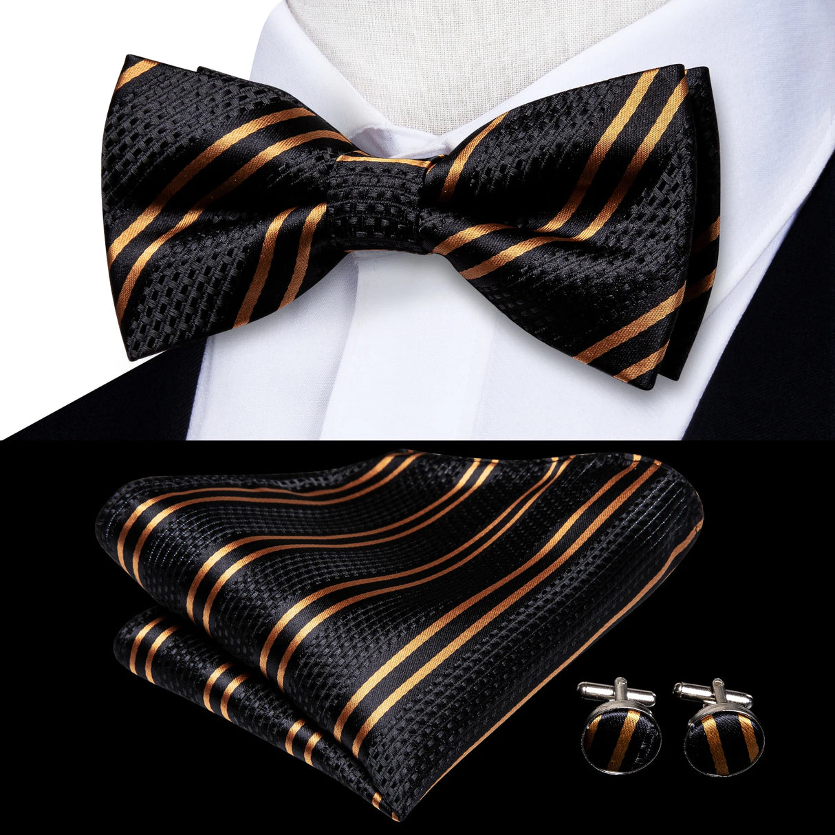 Hi-Tie Jacquard Silk Nœud papillon pour homme, ensemble de boutons de manchette et mouchoir, nœud papillon pré-noué, noir, blanc, gris, bleu, rouge, vert, rose, violet