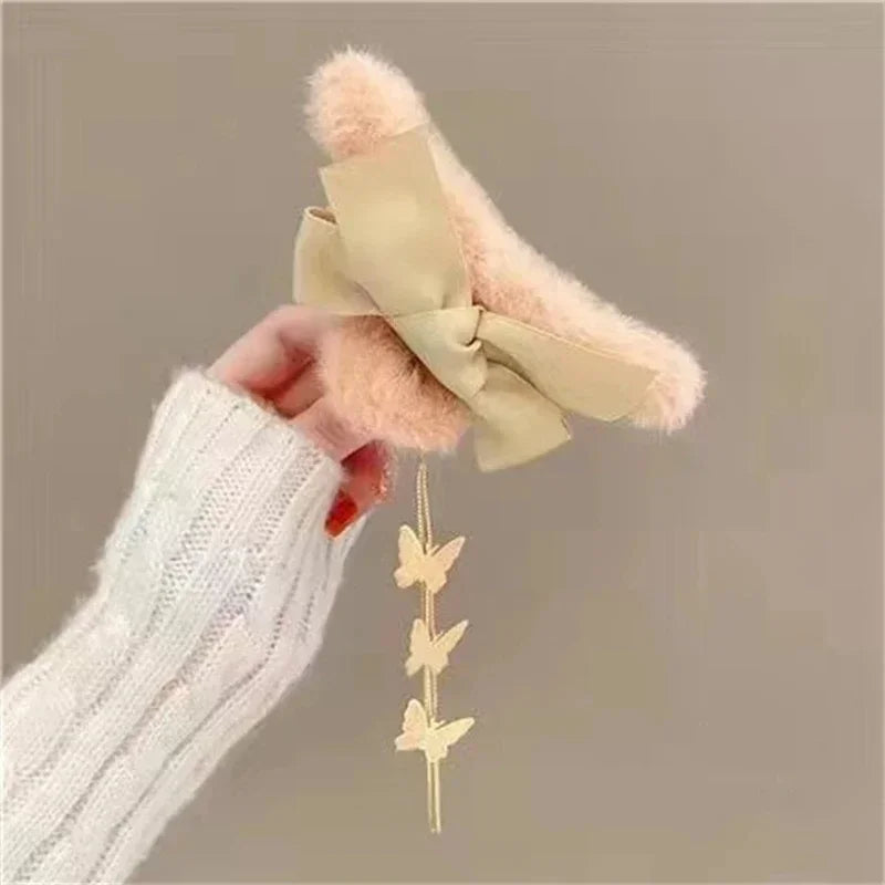 Pinces à cheveux tendance avec nœud et pompon, style coréen, queue de cheval, en peluche, griffe de requin, pour filles, cadeau d'automne et d'hiver