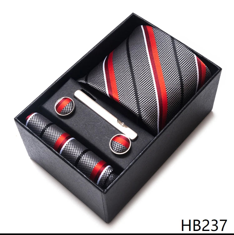 65 Colors Fashion Tie Handkerchief Set Tie Clip Necktie Box Man's Shirt Dark Red Accessories Men Wedding Holiday Gift