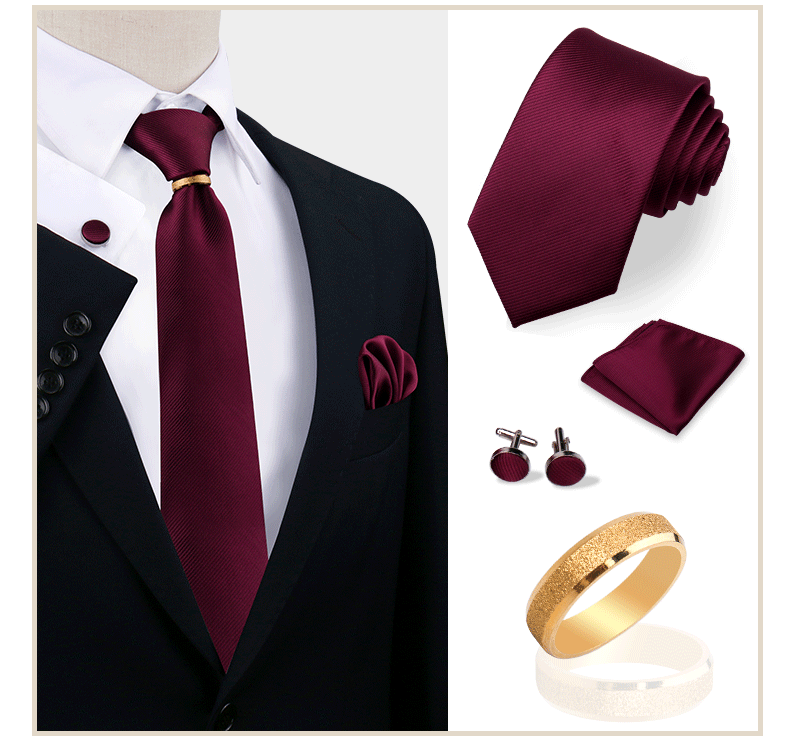 Ensemble de cravates en soie de luxe pour hommes, cravate, mouchoir, boutons de manchette avec anneau en métal doré, broche, costume, fête de mariage, accessoires pour hommes
