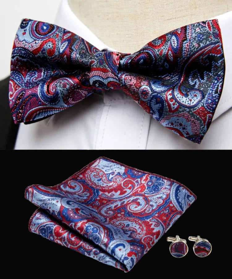 HUISHI Classic Blue Bowties For Men Paisley Floral Bow Tie Pocket Square Cufflinks Suit Set Wedding Party Plaid Solid Butterfly