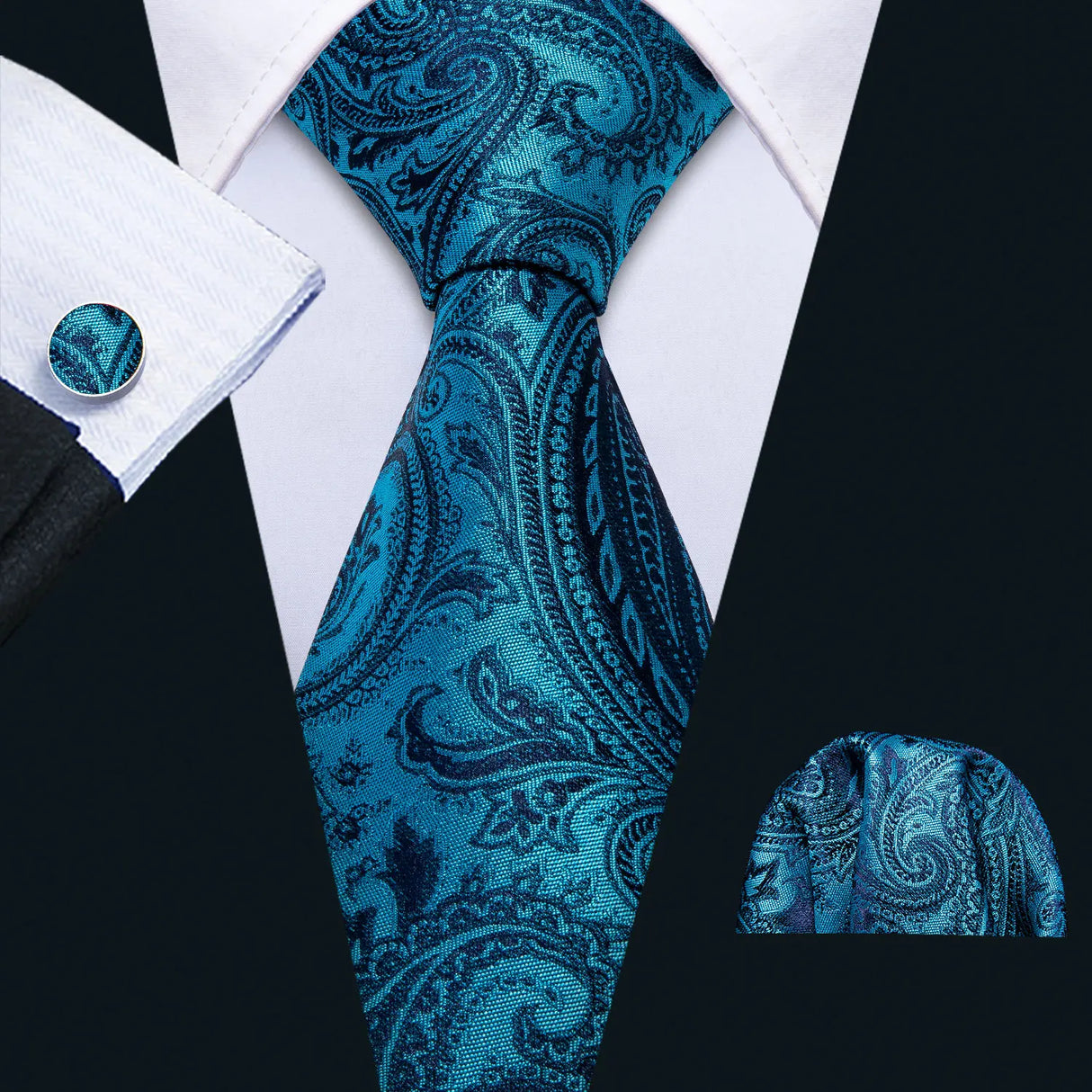 Cravate fantaisie en soie bleu sarcelle pour homme, marque de luxe solide, pochette, boutons de manchette, ensemble de cravates de haute qualité pour fête de mariage Barry.Wang