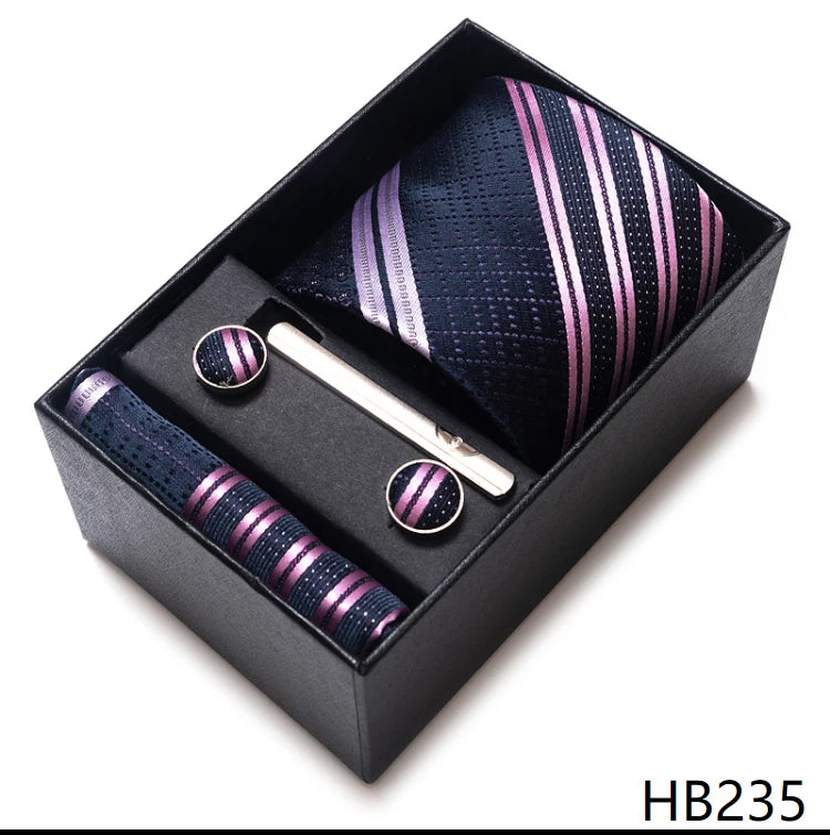 65 Colors Fashion Tie Handkerchief Set Tie Clip Necktie Box Man's Shirt Dark Red Accessories Men Wedding Holiday Gift