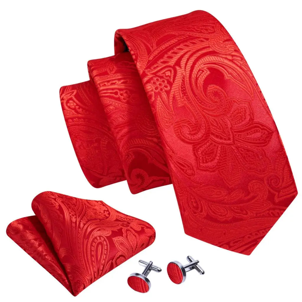 Barry.Wang Ensemble cravate et boutons de manchette en soie pour homme, motif jacquard, rouge, bordeaux, rose, pour mariage, affaires, fête