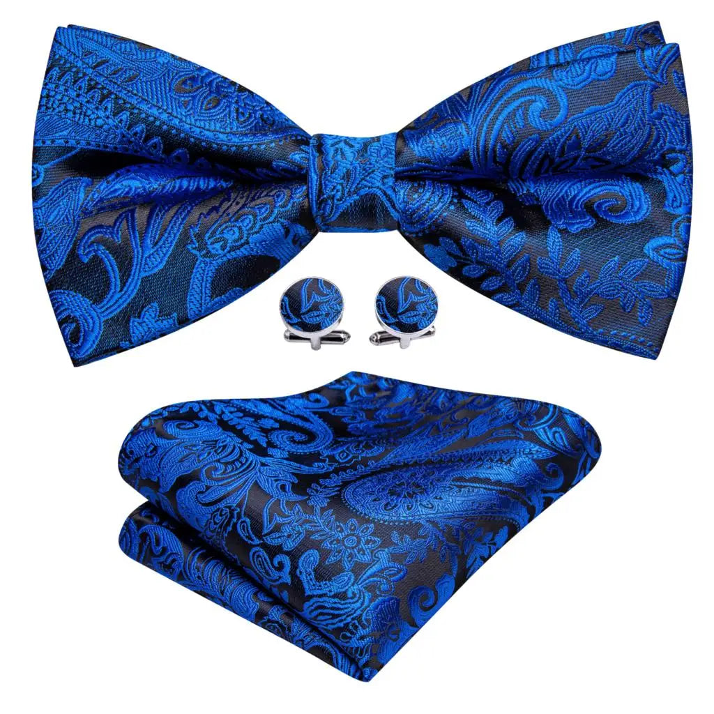 Barry.Wang Nœud papillon en soie bleu marine royal bleu ciel pour homme, ensemble de boutons de manchette, mouchoir, motif cachemire jacquard, motif floral, pour mariage et affaires