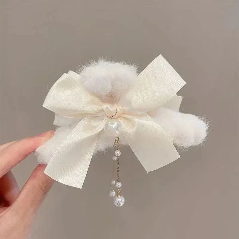 Pinces à cheveux tendance avec nœud et pompon, style coréen, queue de cheval, en peluche, griffe de requin, pour filles, cadeau d'automne et d'hiver