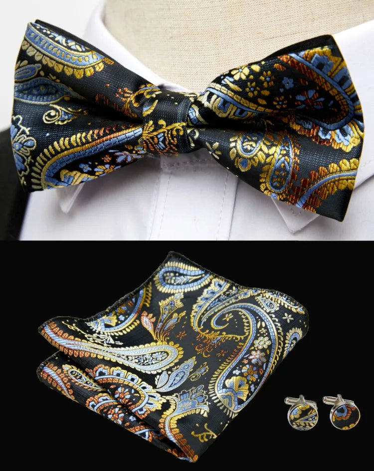 HUISHI Classic Blue Bowties For Men Paisley Floral Bow Tie Pocket Square Cufflinks Suit Set Wedding Party Plaid Solid Butterfly