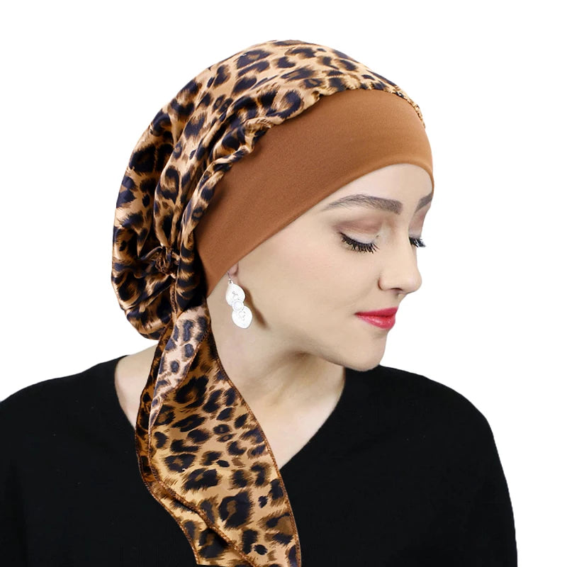 Chapeau turban en satin imprimé pour femme, extensible, à larges bords, tendance, pré-noué, enveloppant, décontracté, style pirate