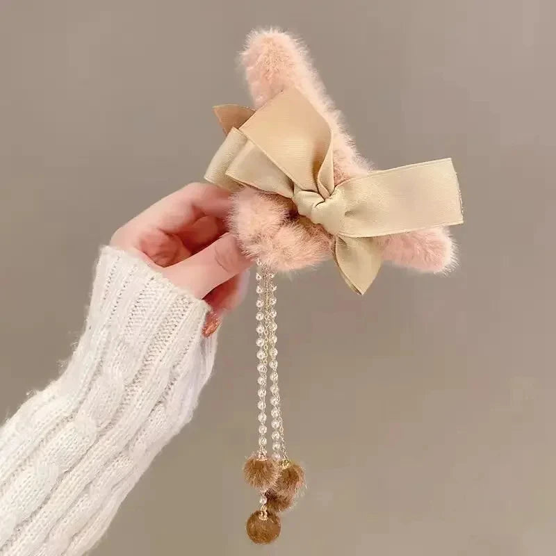 Pinces à cheveux tendance avec nœud et pompon, style coréen, queue de cheval, en peluche, griffe de requin, pour filles, cadeau d'automne et d'hiver