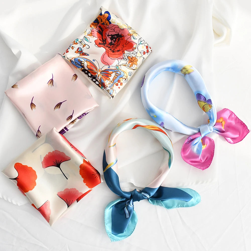 Foulard pour hôtesse de l'air, hijab, petit châle, imprimé floral, satin de soie, pour la tête, le cou, les cheveux, à faire soi-même