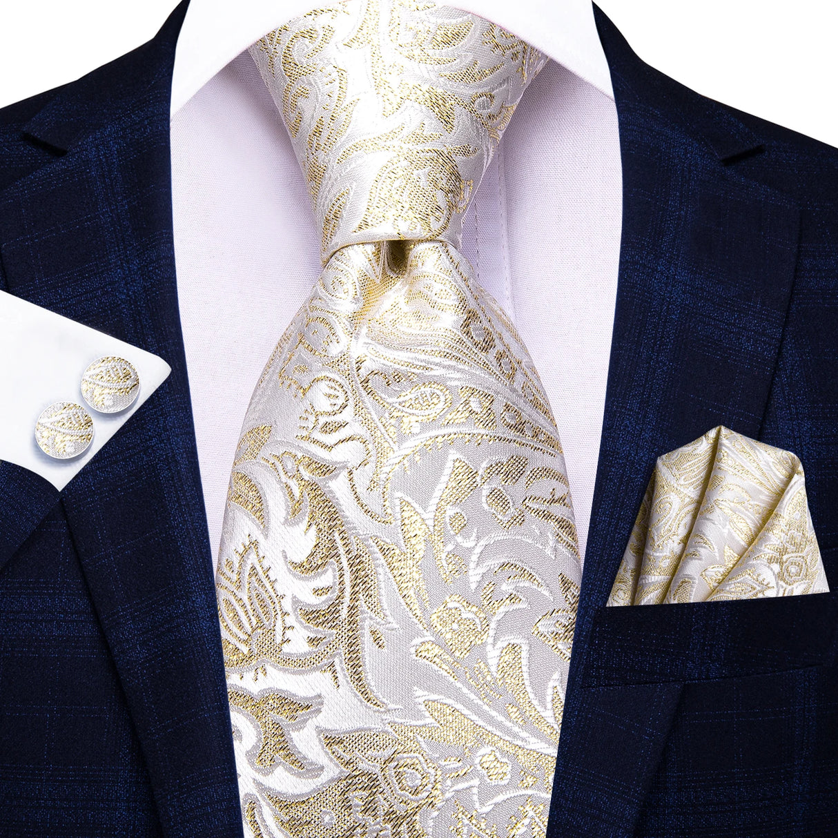 Cravate Hi-Tie blanche et noire à rayures pour homme, couleur unie, en soie, pour mariage, mouchoir, boutons de manchette, créateur de mode, livraison directe