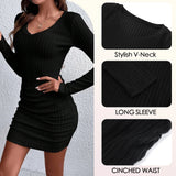 Mia Muse Women's Dresses Fall Winter Ribbed Knitted Slim Plain Sexy V-Neck Bodysuit Mini Casual Long Sleeve Short  Dresses
