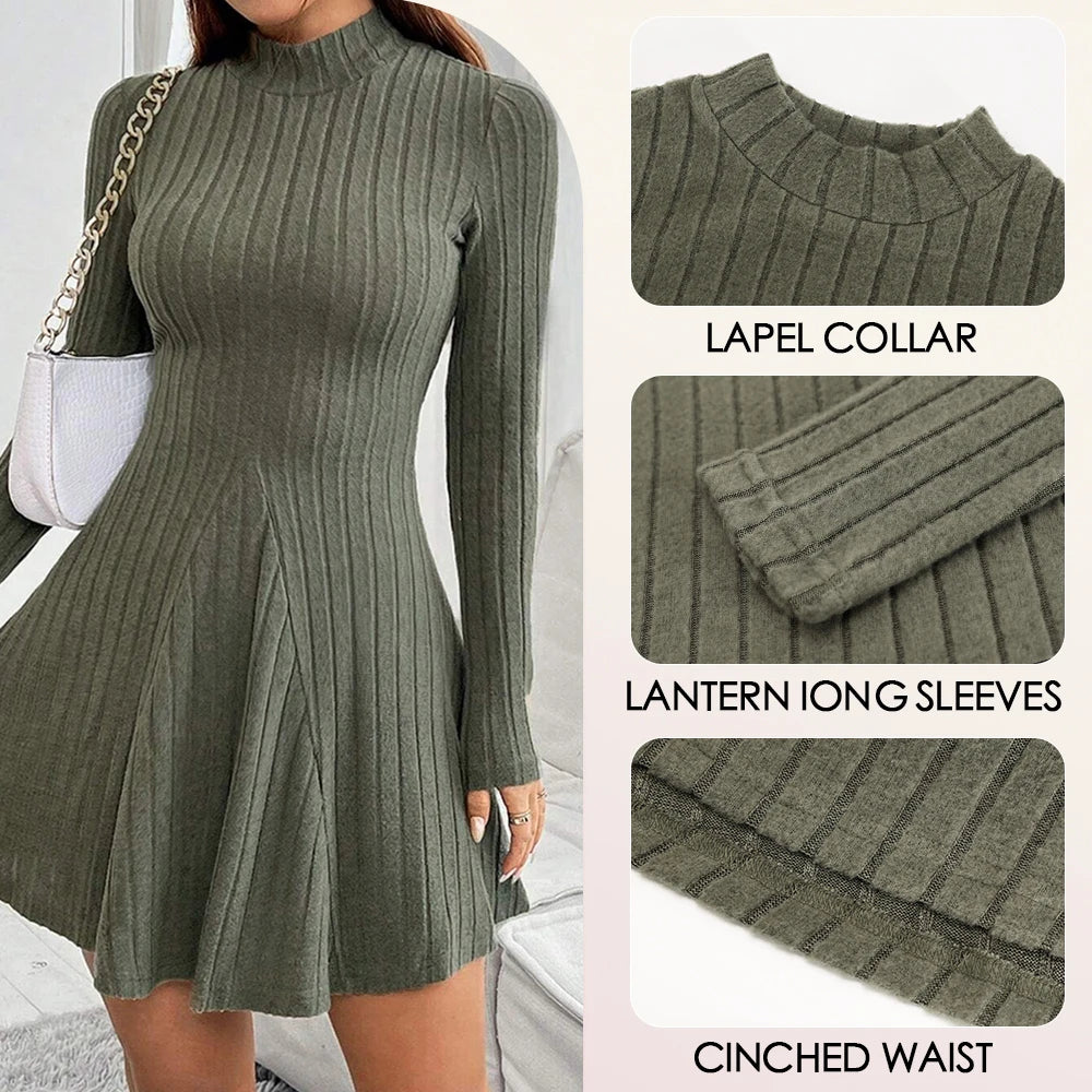 Mia Muse Women's Dresses Fall Winter Simple Solid Color Long Sleeve Mock Neck A Line High Waisted Flare Hem Casual Short Dresses