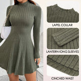 Mia Muse Women's Dresses Fall Winter Simple Solid Color Long Sleeve Mock Neck A Line High Waisted Flare Hem Casual Short Dresses