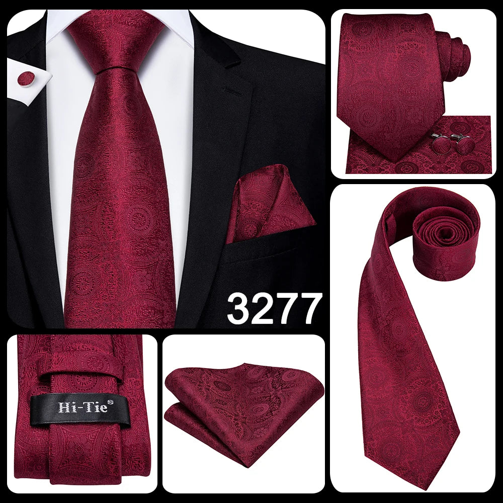 Hi-Tie Coffret cadeau cravate homme vin rouge bordeaux cachemire soie mariage cravate pour homme design tendance qualité mouchoir boutons de manchette livraison directe