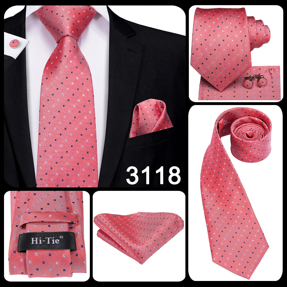 Hi-Tie Cravate de mariage en soie pour homme, motif cachemire, couleur unie, rose, corail, design tendance, qualité, mouchoir, bouton de manchette, fête d'affaires