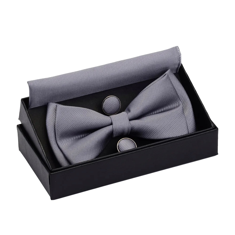 Ensemble de nœuds papillon solides de différentes tailles, haut et bas, nœud papillon uni pour homme, mouchoir, boutons de manchette, coffret cadeau pour hommes, cravates de mode de mariage