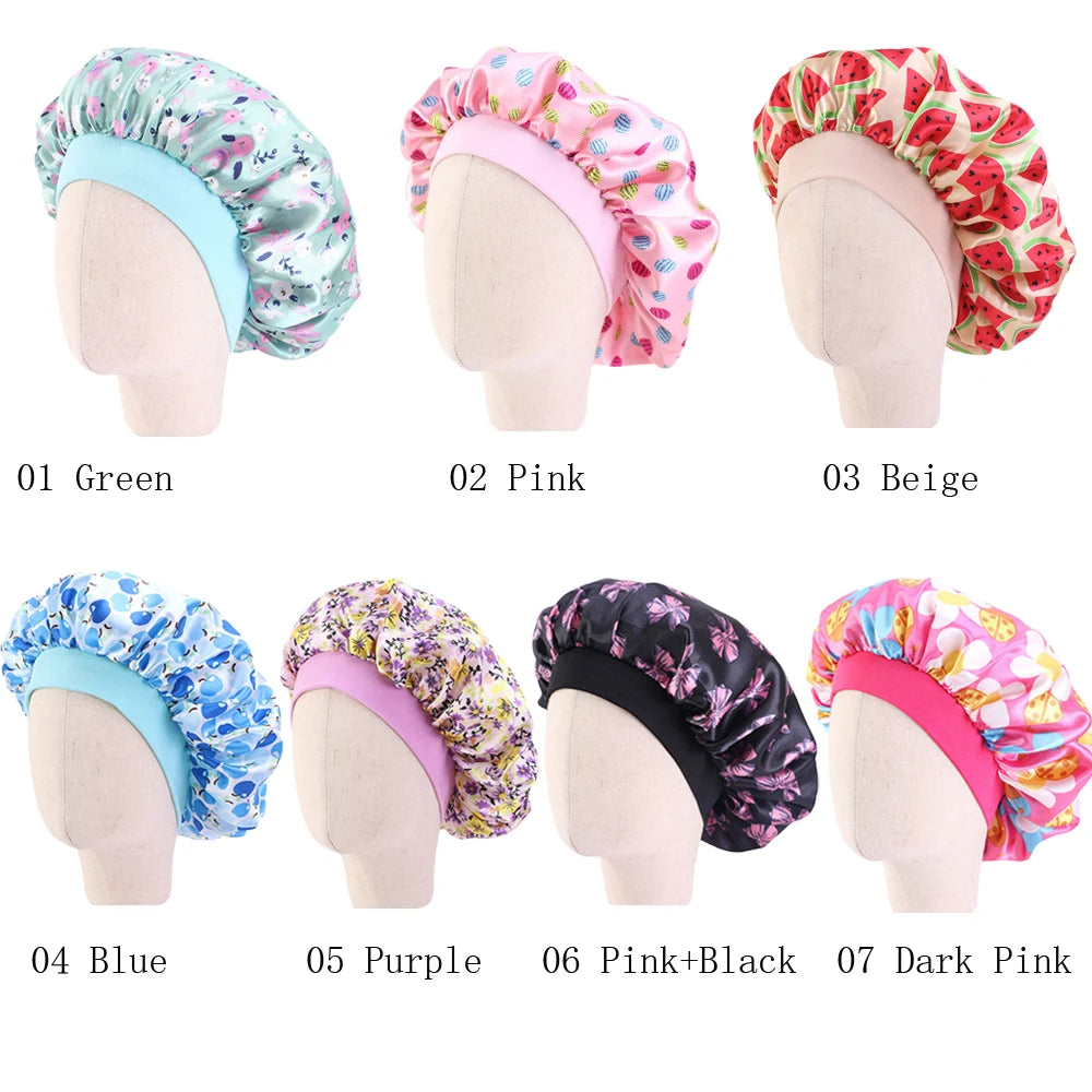 Bonnet de nuit pour enfants et filles, imprimé floral, bonnet de nuit en satin, turban, bonnet de nuit pour enfants, bonnet de soins capillaires, bonnet de nuit