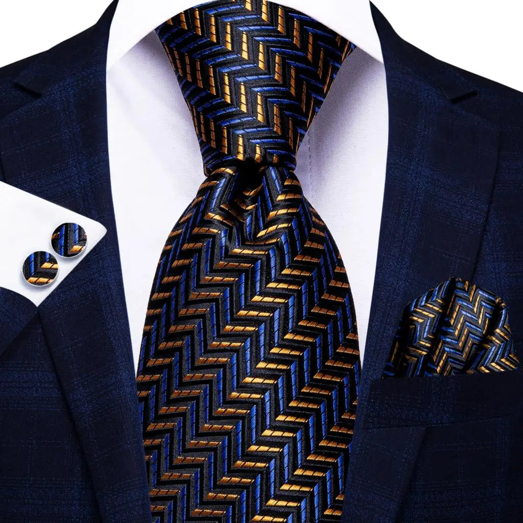 Cravate élégante pour homme, motif cachemire, rayures noires et dorées, en soie, pour mariage, mouchoir, boutons de manchette, pour entreprise, fête, livraison directe