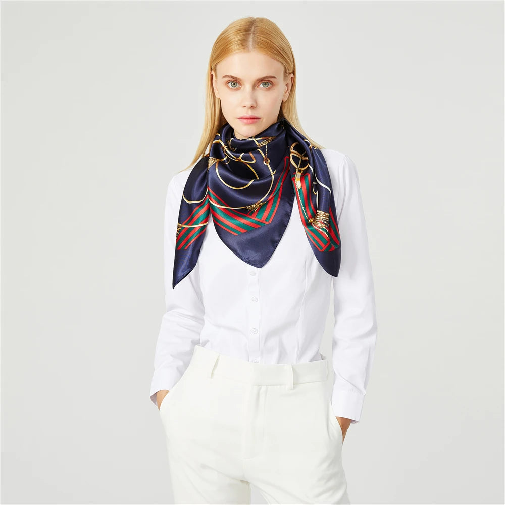 Foulard en soie de luxe pour femme, foulard d'été carré en satin, hijab de marque, 90 x 90 cm, foulard en soie musulman